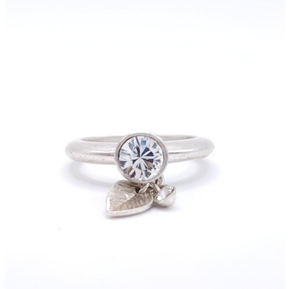 Pilgrim Leaf Ring Silver Tone Swarovski Crystal Dangle Charm